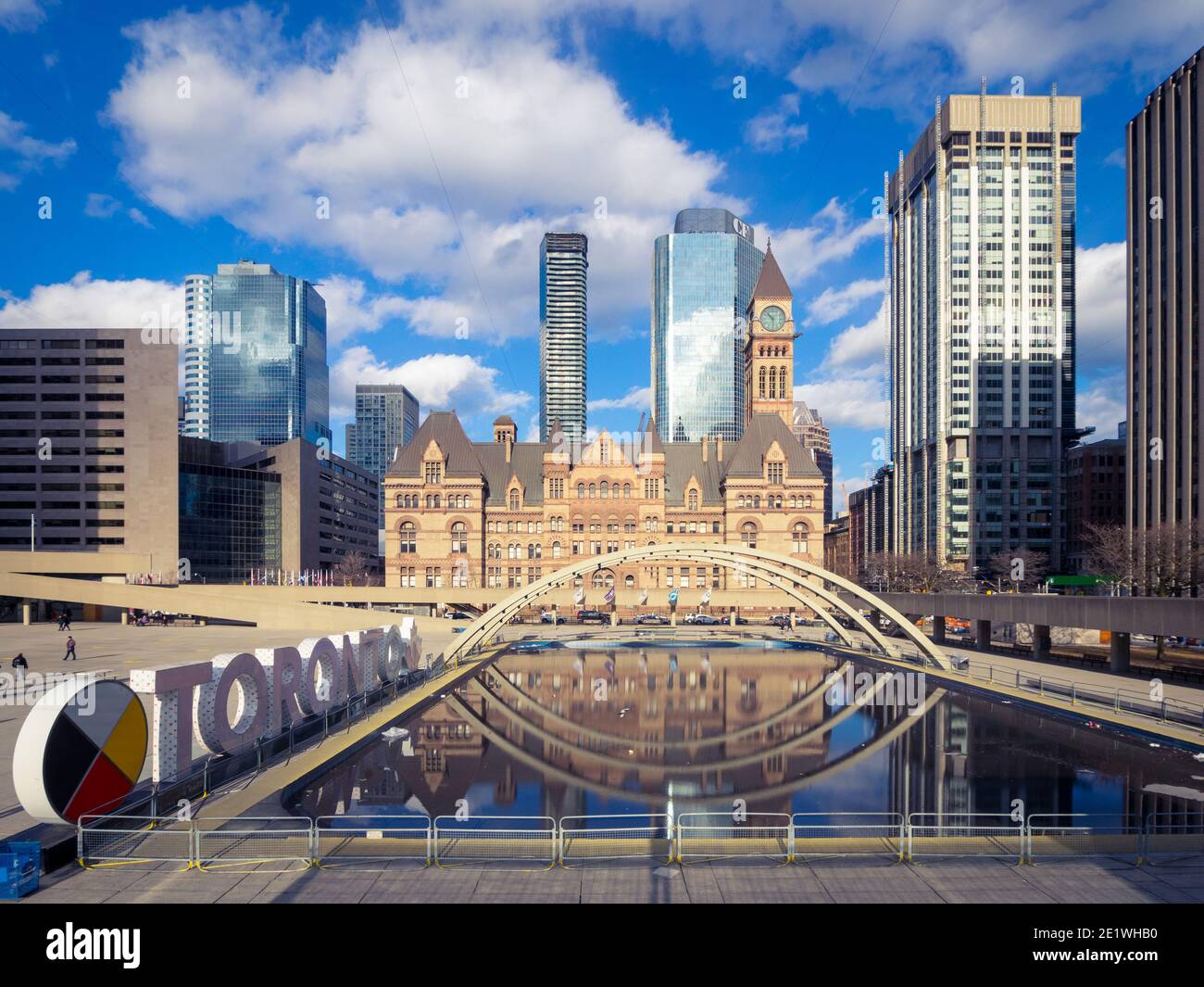 A view of Old City Hall, 3D TORONTO sign, and Nathan Phillips Square in downtown Toronto, Ontario, Canada. Stock Photo