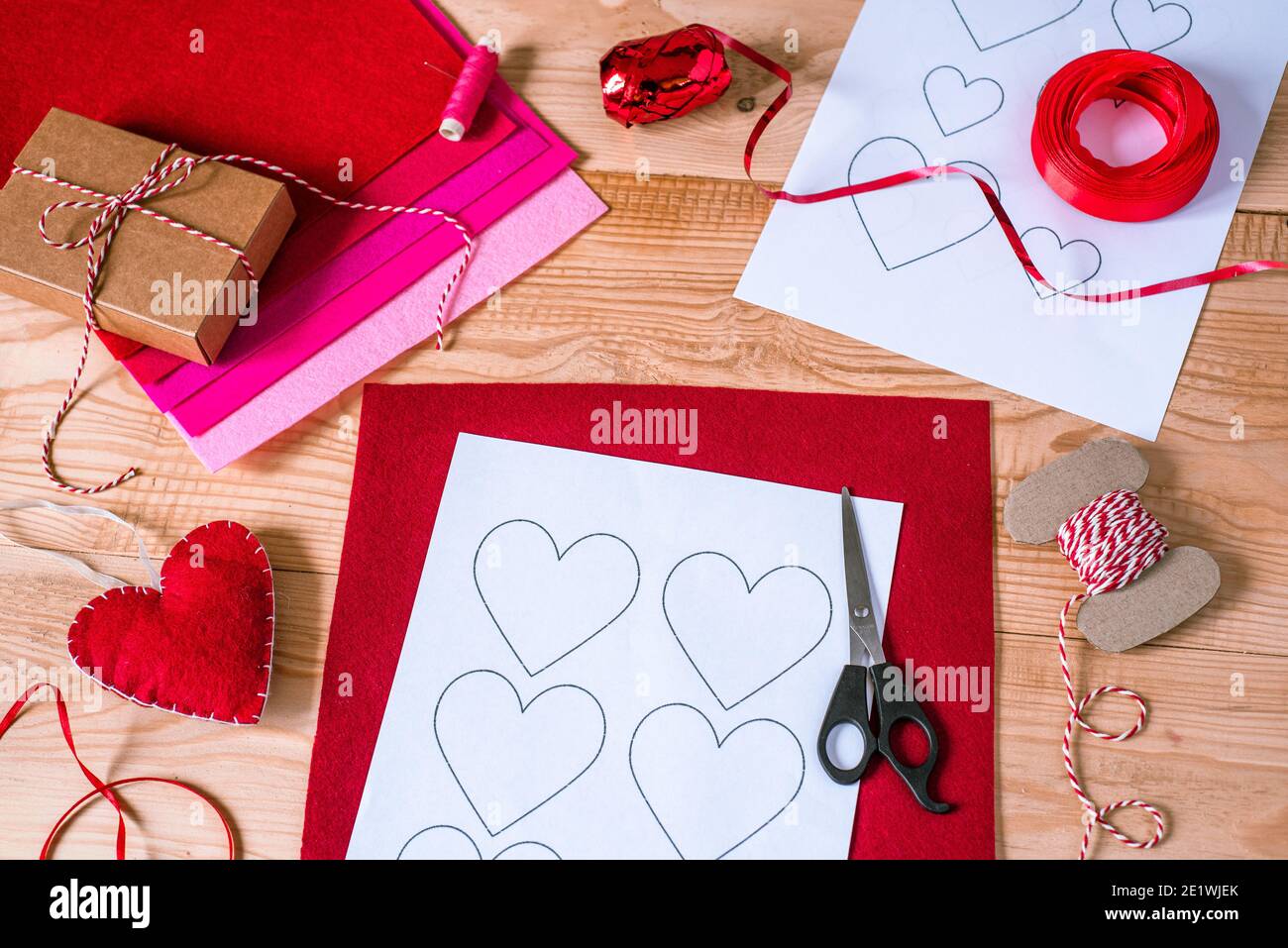 Valentine's day crafting, hearts and decorations mady of felt Stock Photo