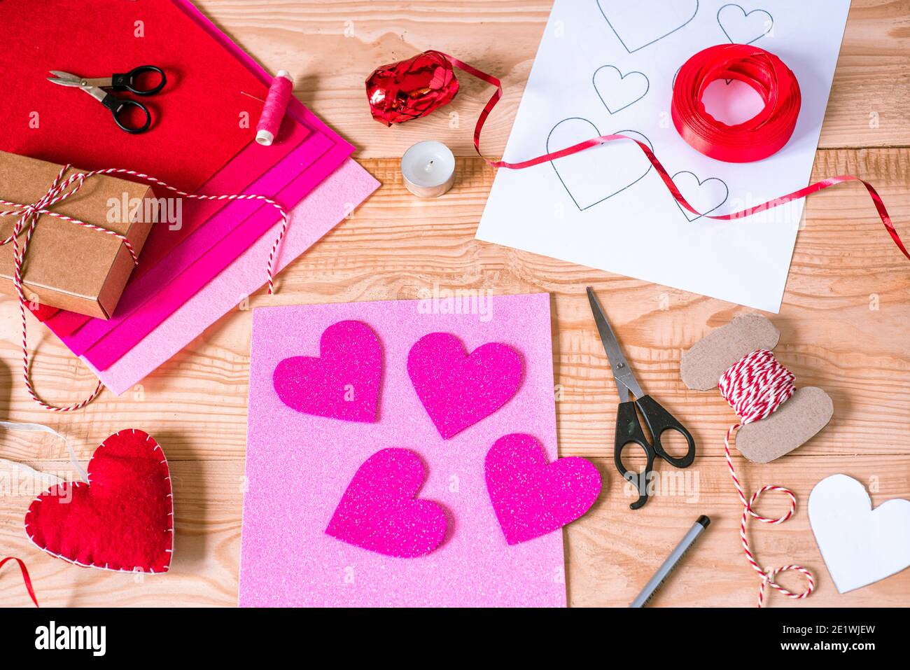 Diy felt and foamiran crafting for Valentine's Day Stock Photo