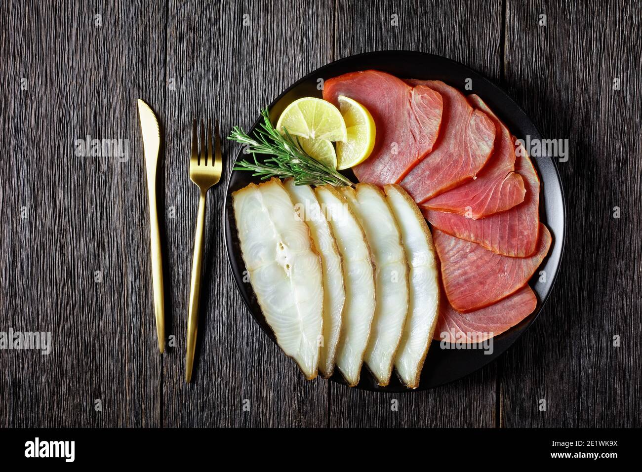 Smoked fish appetizer plate cold smoked halibut and cold smoked tuna