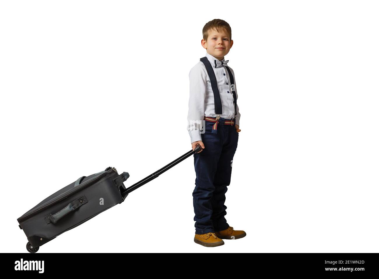 Little boy with suitcase isolated on white Stock Photo Alamy