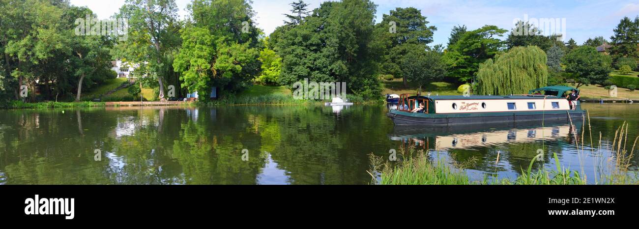 Panorama of the River Ouse at St Neots with Narrow Boat. Stock Photo