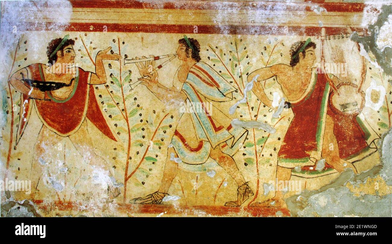 6694. Fresco depicting musicians and dancers, Etruscan burial chamber, Tomb of the Leopards,  dating c. 480-450 BC. Stock Photo