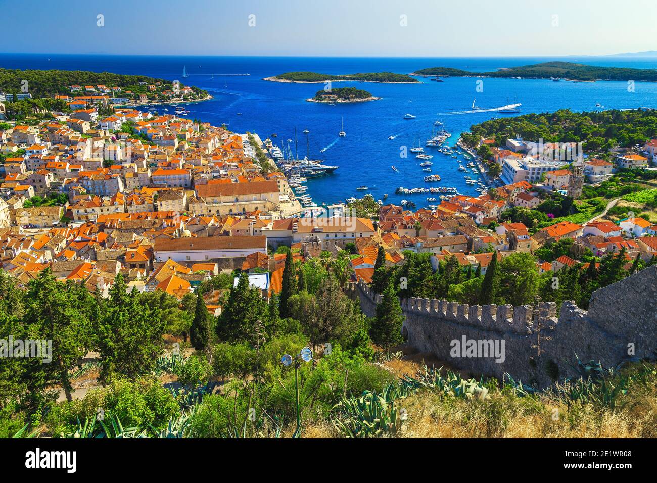 Amazing view from the Spanjola fortress garden with Hvar harbor and green islands in background, Hvar island, Dalmatia, Croatia, Europe Stock Photo