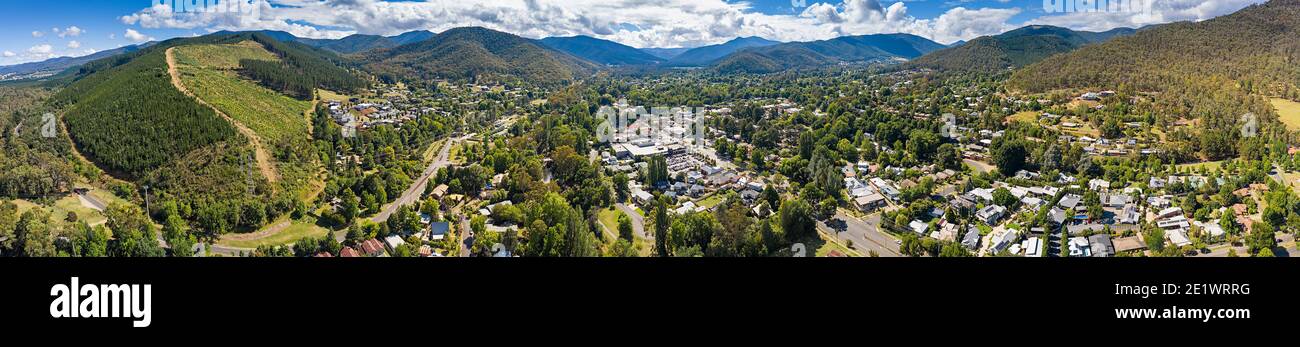 Panoramic aerial view of the beautiful town of Bright in the Victorian Alps, Australia Stock Photo