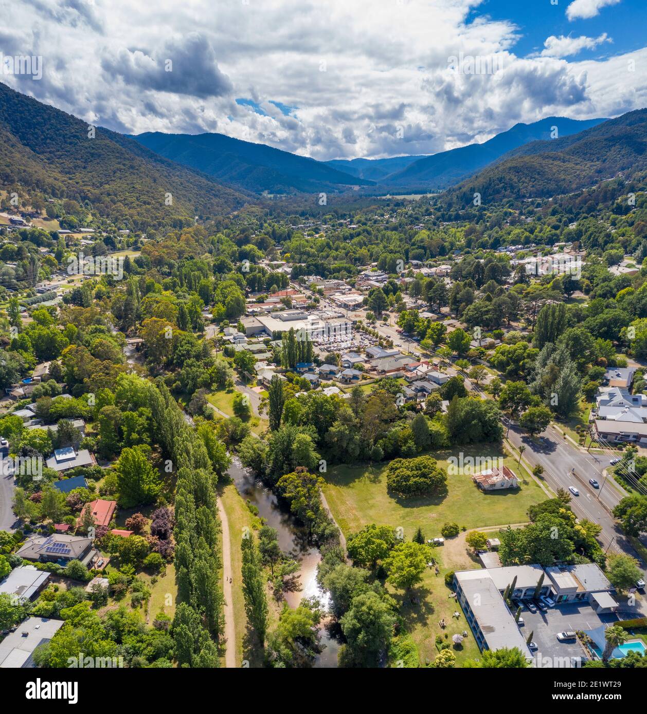 Aerial view of the beautiful town of Bright in the Victorian Alps, Australia Stock Photo