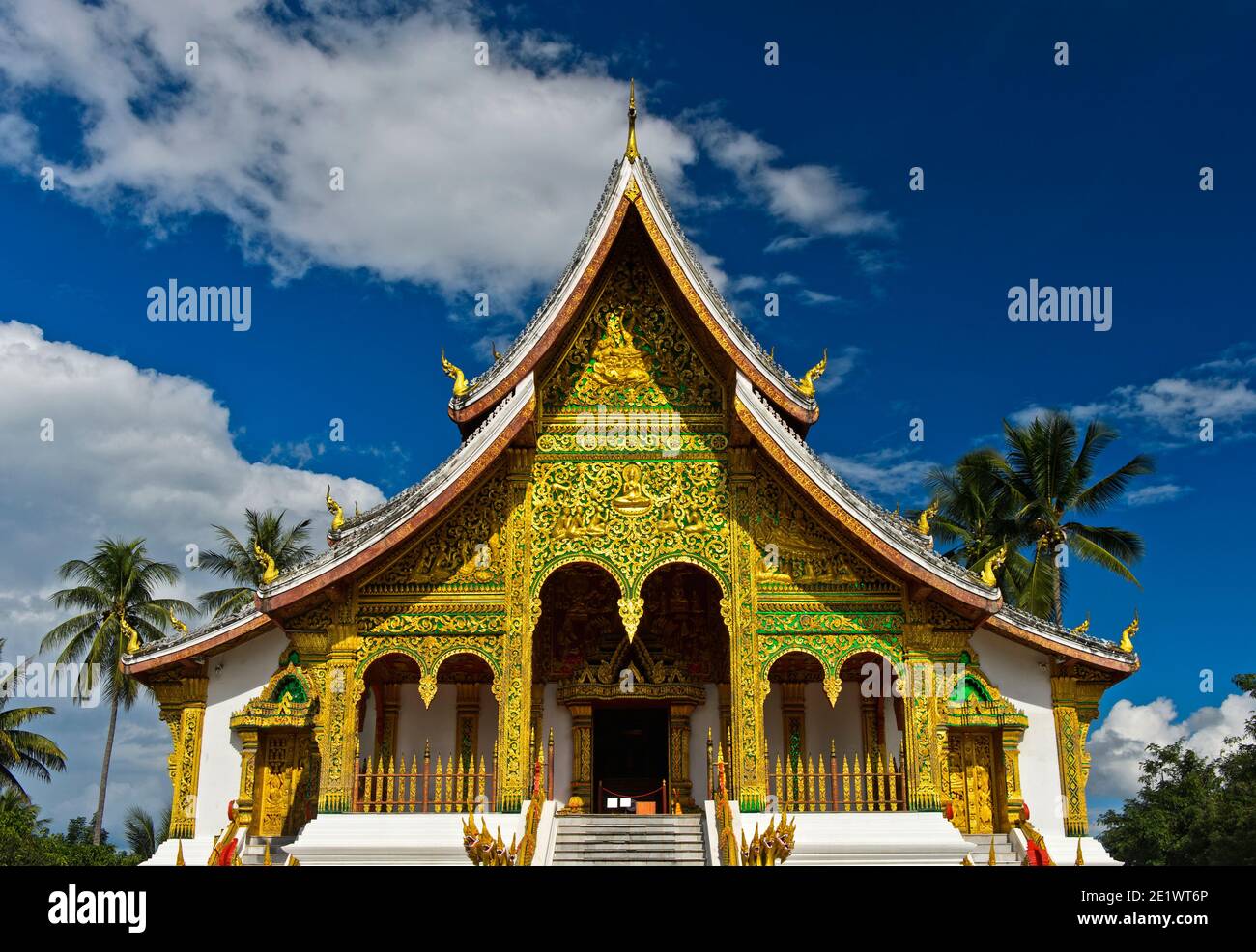 Intricately adorned facade of the Haw Pha Bang temple on the ground of the former Royal Palace, Luang Prabang, Laos Stock Photo