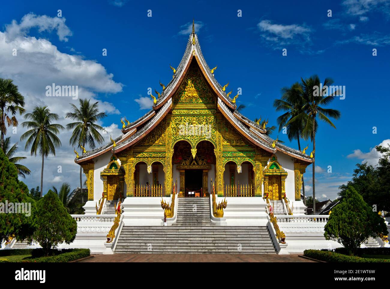 Intricately adorned facade of the Haw Pha Bang temple on the ground of the former Royal Palace, Luang Prabang, Laos Stock Photo