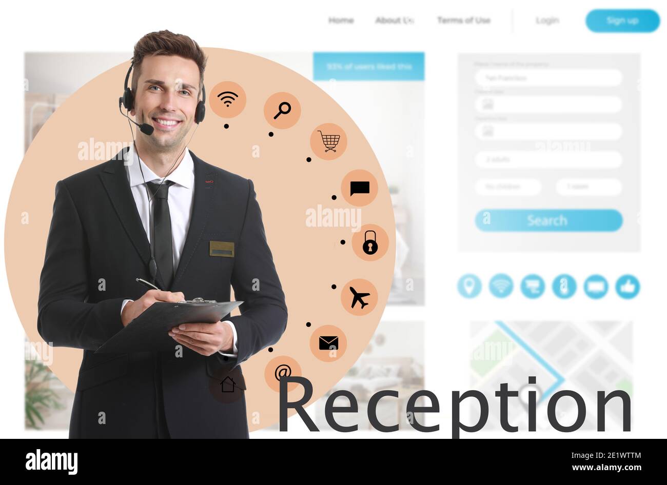 Portrait of male receptionist and website for booking room in hotel ...