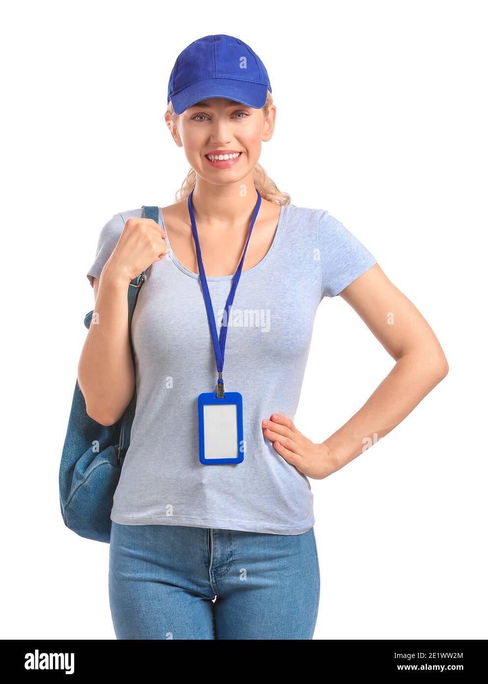 Young woman with blank badge on white background Stock Photo - Alamy