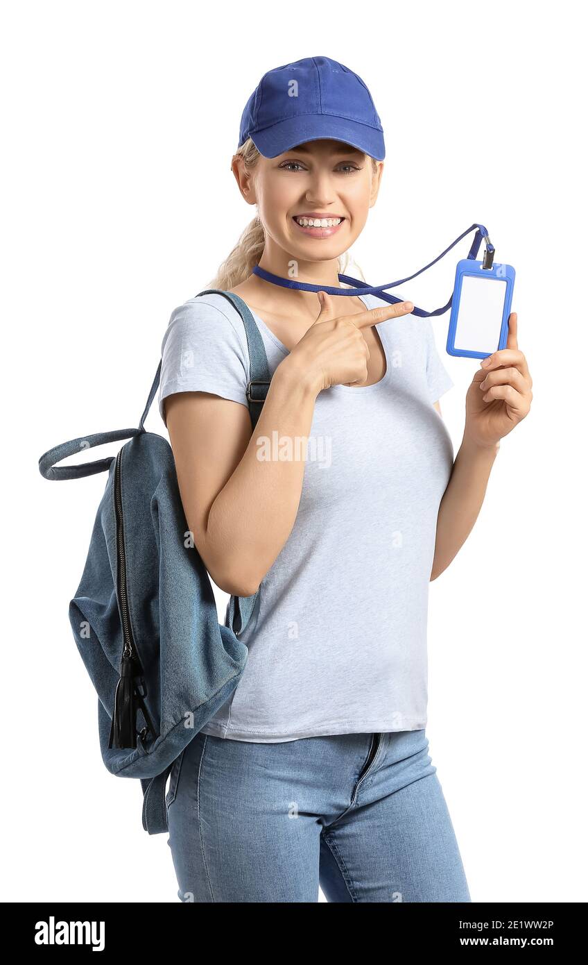 Young woman with blank badge on white background Stock Photo - Alamy