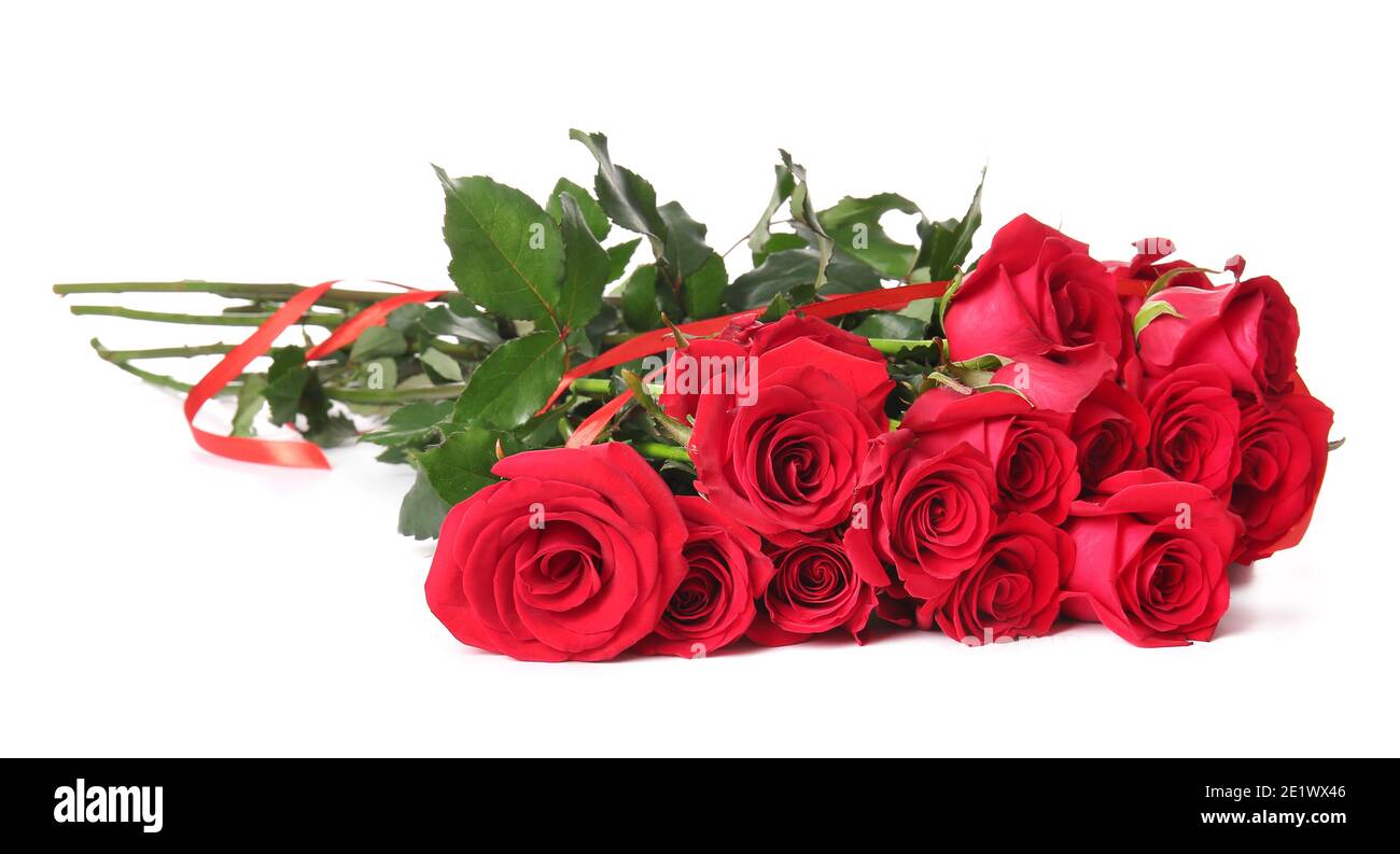 Bouquet of beautiful red roses on white background Stock Photo - Alamy