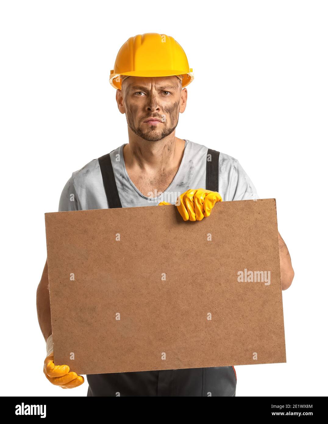 Protesting miner man with placard on white background Stock Photo