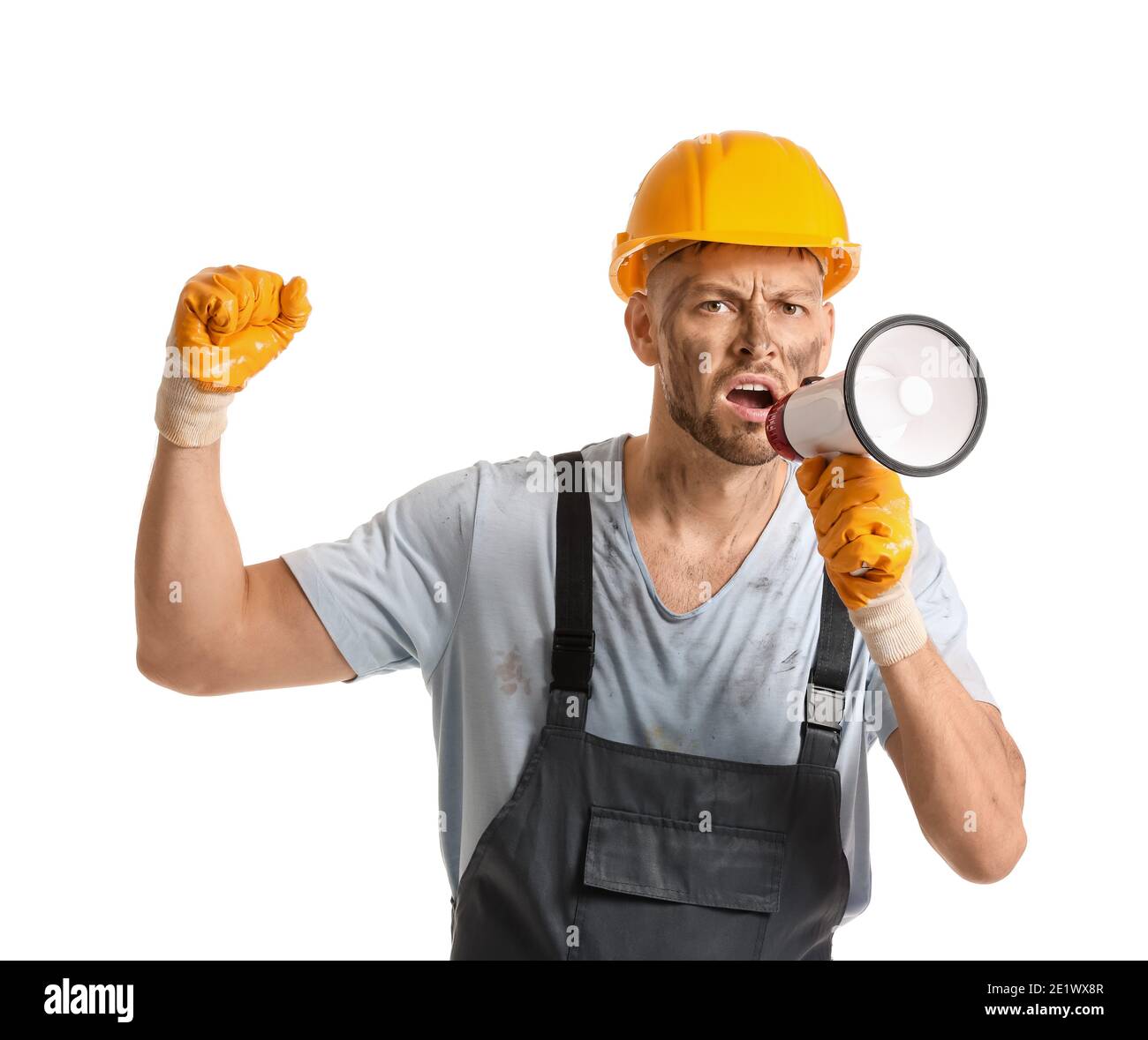 Protesting miner man with megaphone on white background Stock Photo