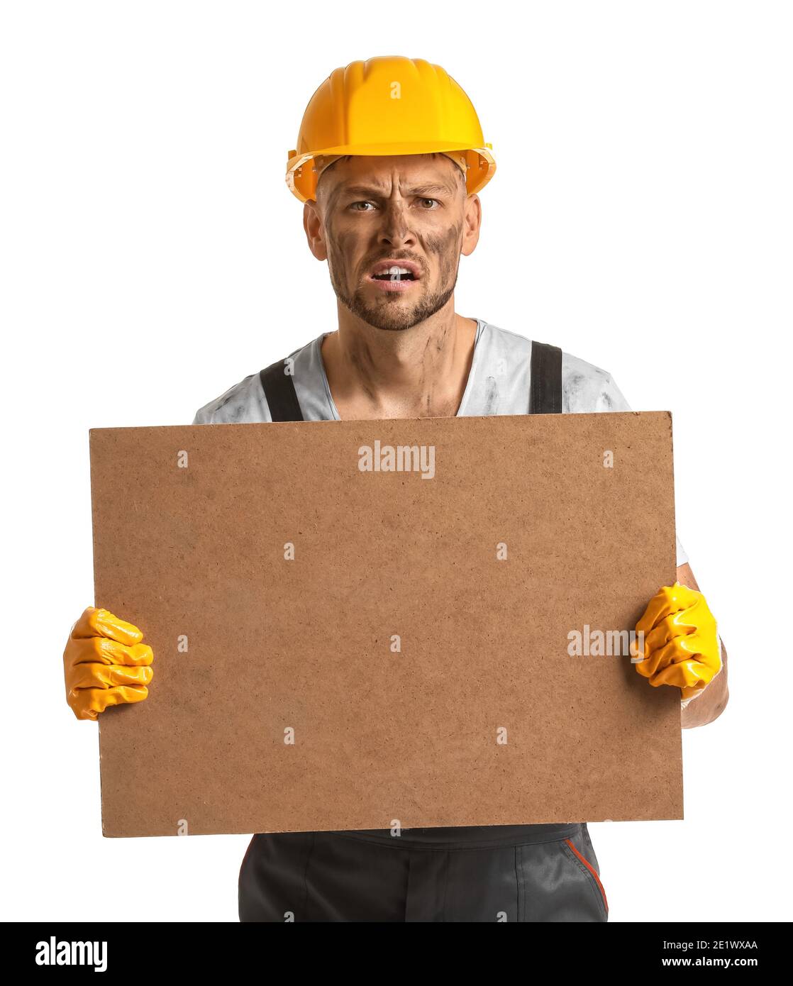 Protesting miner man with placard on white background Stock Photo