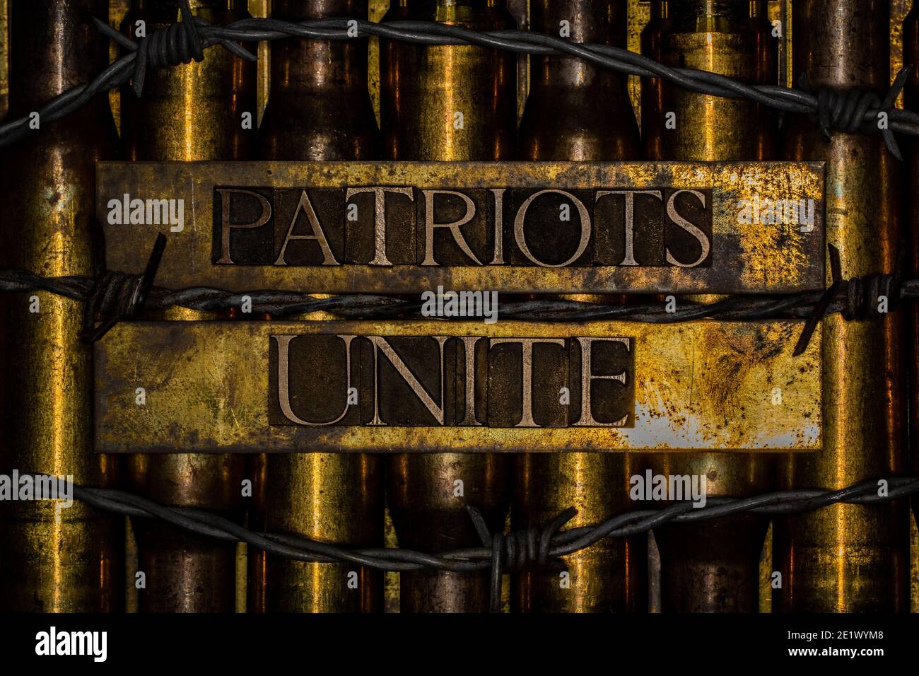 Patriots Unite text over copper 50 caliber bullet casings surrounded by