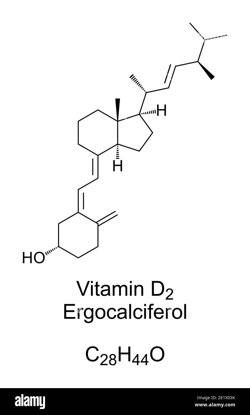 Vitamin D2, ergocalciferol, chemical structure. Found in food and used as dietary supplement to treat and prevent vitamin D deficiency. Stock Photo