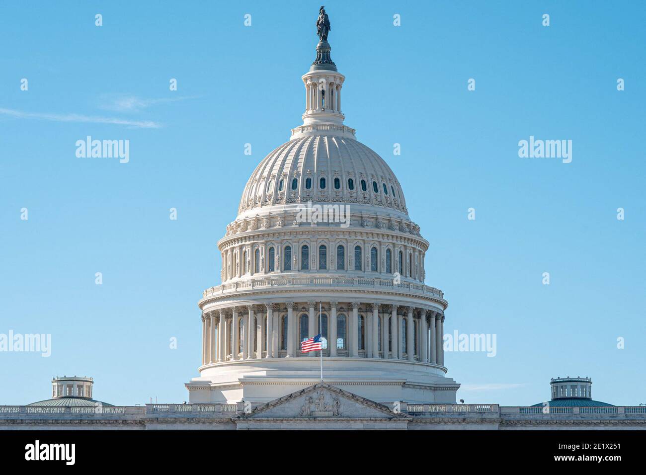 The flag is lowered to half-mast to honor the death of Capitol Police Officer Brian Sicknick. Sicknick, 42, died in a hospital Thursday night, hours after sustaining injuries during an ambush of the U.S. Capitol by Trump supporters. Washington, DC, USA, on January 09, 2021. Photo by Kit Karzen/ABACAPRESS.COM Stock Photo