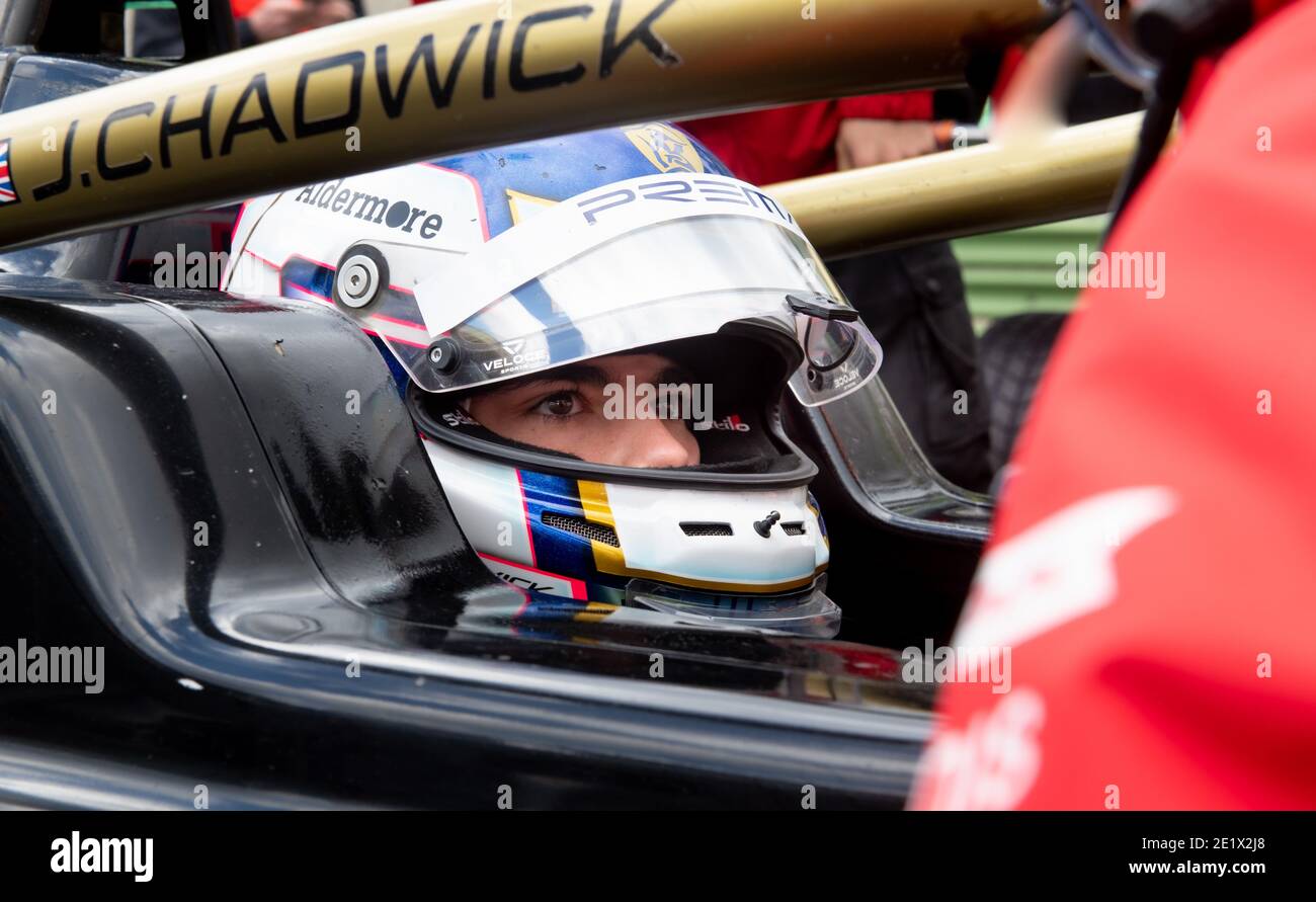 Vallelunga, Italy 5 december 2020, Aci racing weekend. Side view close up portrait of formula car racing driver in cockpit with helmet Stock Photo