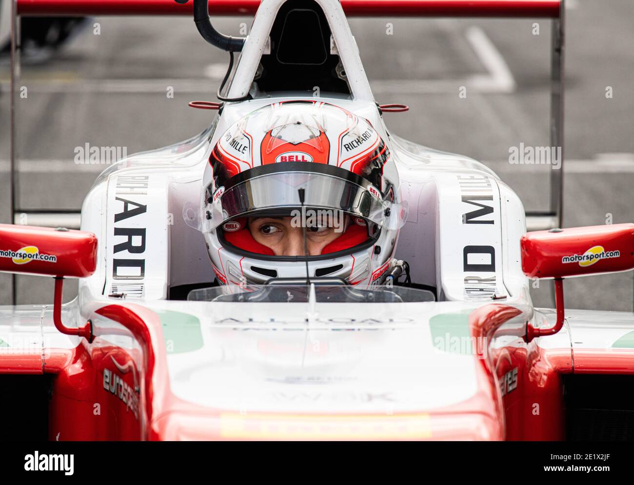 Vallelunga, Italy 5 december 2020, Aci racing weekend. Front view portrait of formula car racing driver in cockpit with helmet Stock Photo