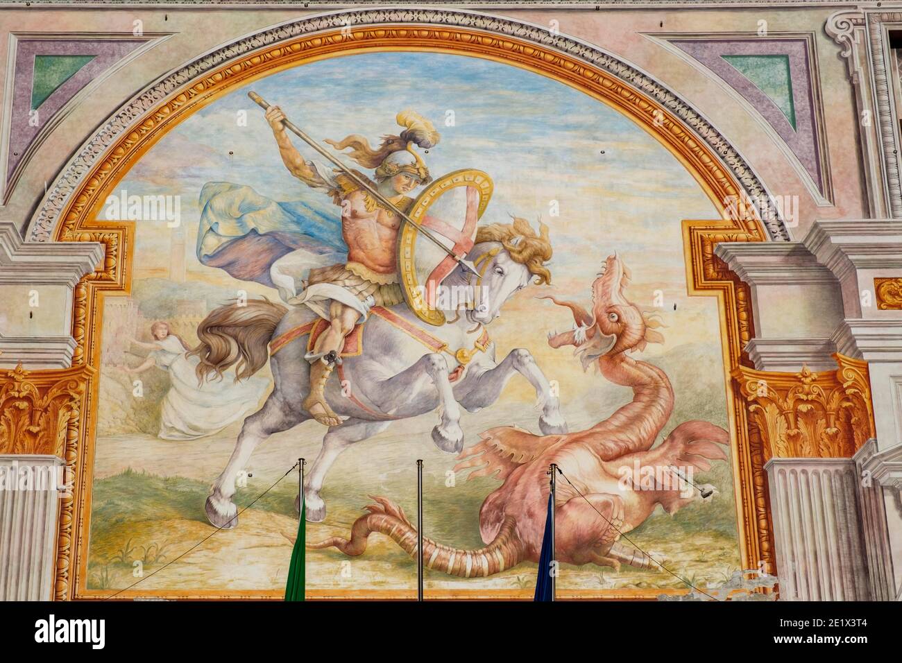 Mural St. George, dragon slayer on facade of Palazzo San Giorgio, Genoa, Liguria, Italy Stock Photo