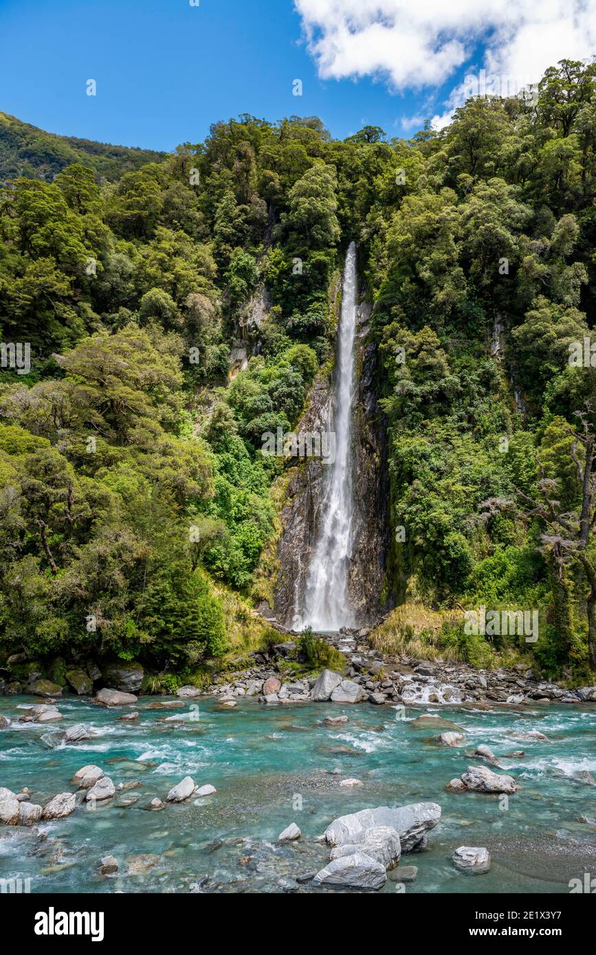 Thunder Creek Waterfall, Makarora River, Wanaka, West Coast, South Island, New Zealand Stock Photo