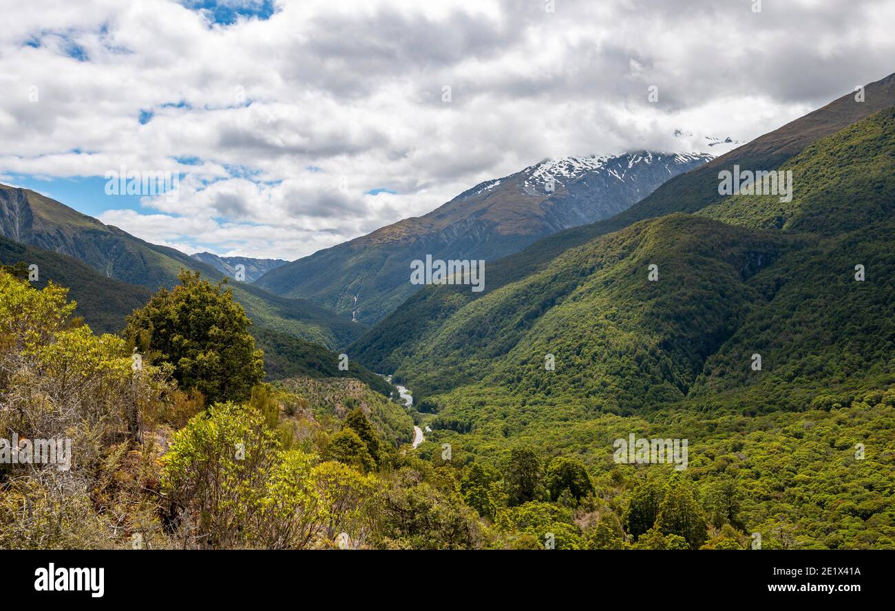 View of mountains and forest with Haast River, temperate rainforest, Haast Pass, West Coast, South Island, New Zealand Stock Photo