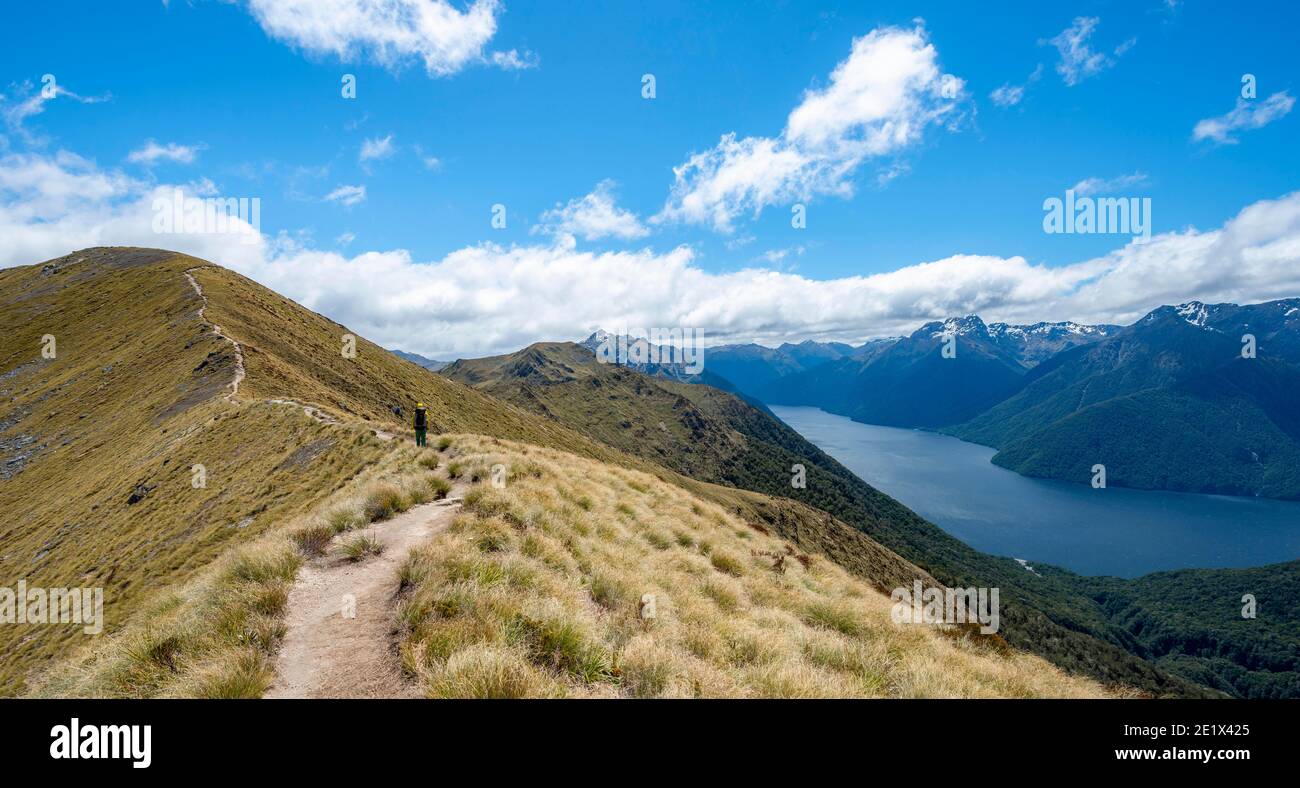 Hiker on Kepler Track, view of the South Fiord of Lake Te Anau, Murchison Mountains and Kepler Mountains in the back, Great Walk, Fiordland National Stock Photo