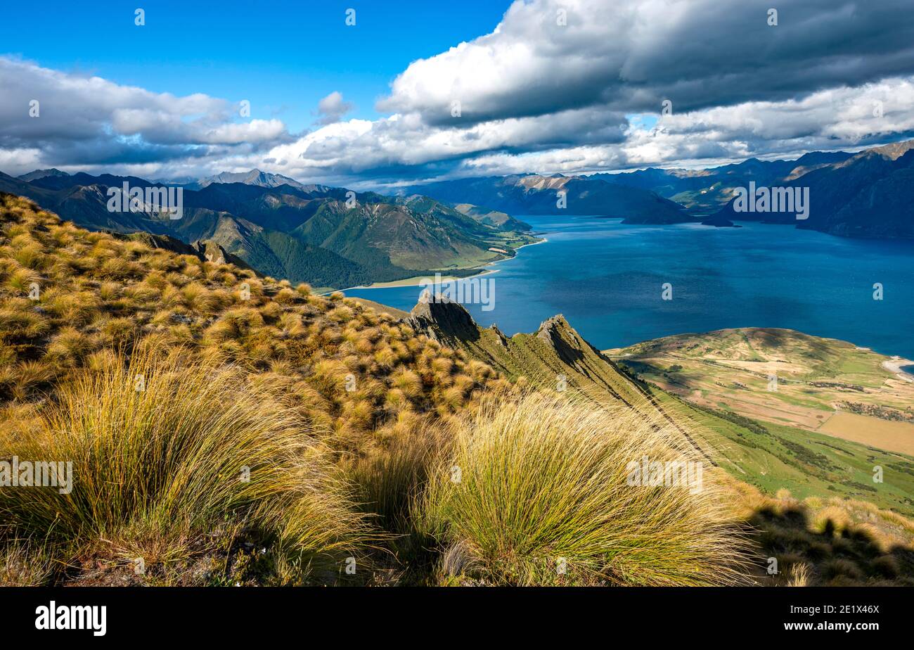 View of Lake Hawea, lake and mountain landscape, view from Isthmus Peak, Otago, South Island, New Zealand Stock Photo