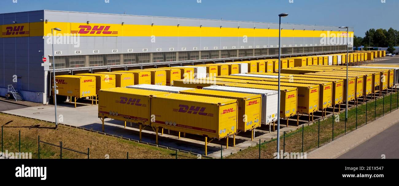 DHL container in logistics center, parcel center, Deutsche Post DHL, Rheinsberg, North Rhine-Westphalia, Germany Stock Photo