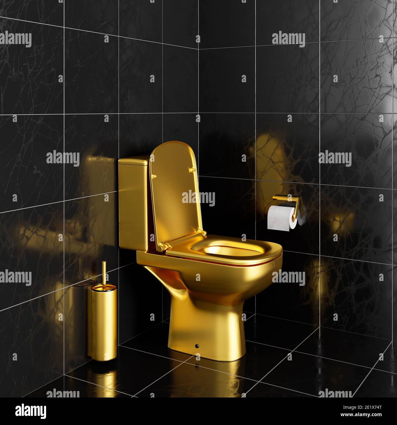 Gold toilet bowl and accessories in black tiled toilet 3d render 3d  illustration Stock Photo - Alamy