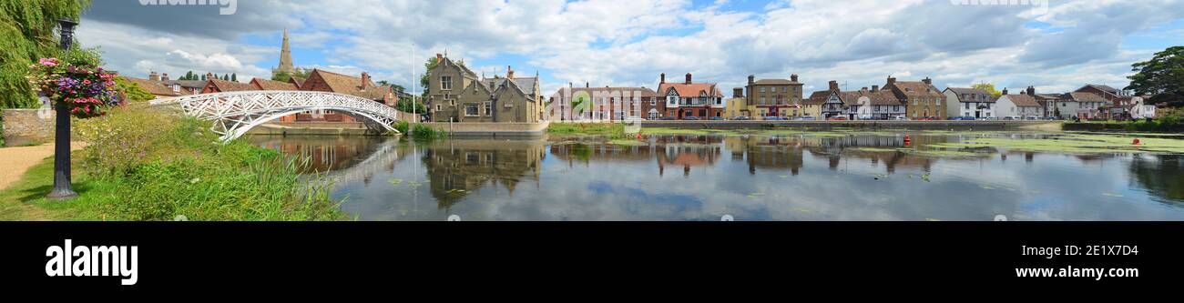 Panorama of the Causeway, Town Offices and Chinese Bridge at Godmanchester Cambridgeshire England, Stock Photo
