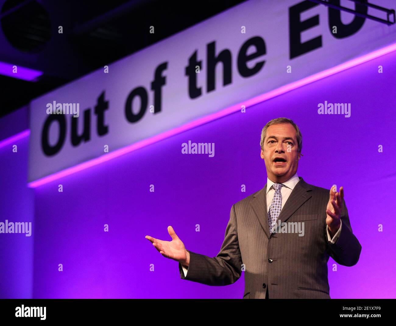 25/09/15. Doncaster, UK. UKIP leader Nigel Farage addresses a room full of supporters at the UKIP National Conference in Doncaster South Yorkshire Stock Photo