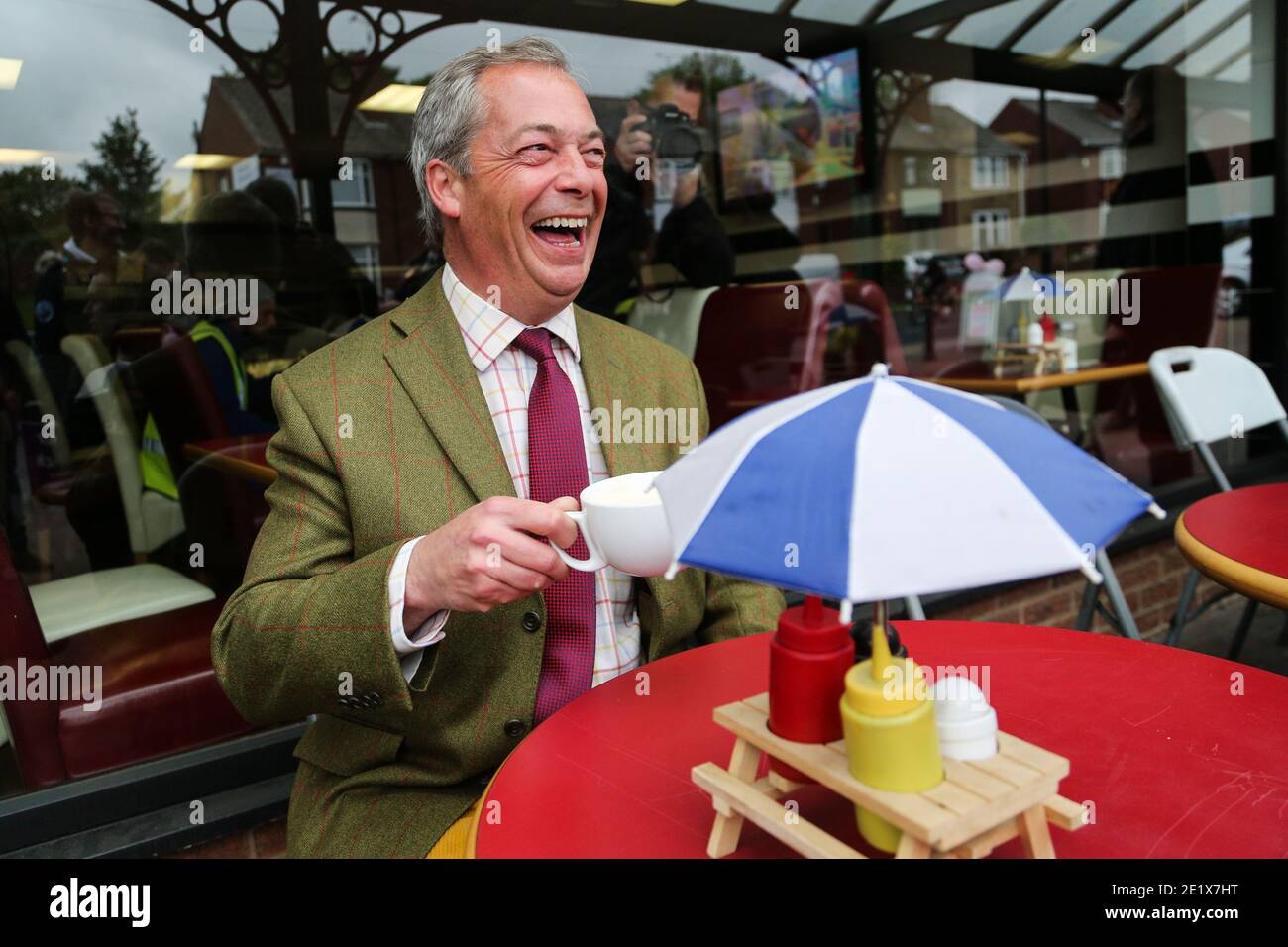 25/05/16. Stocksbridge, UK. Nigel Farage sips a cup of tea in Stocksbridge, South Yorkshire, during campaigning in the run up to the EU referendum. Stock Photo