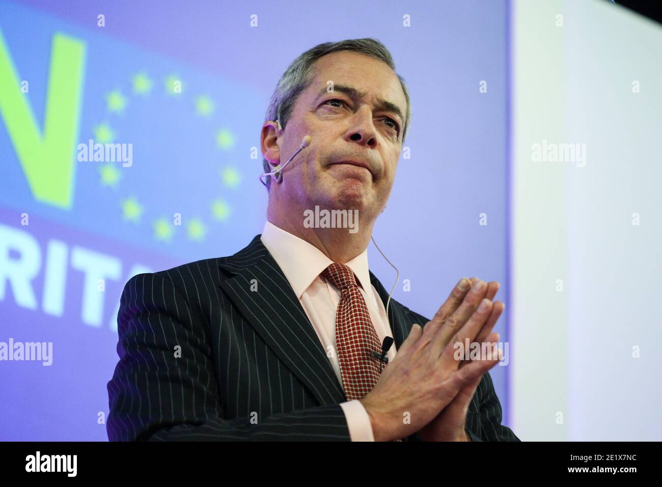 30/11/15. Leeds, UK. Nigel Farage speaks at a 'Say No to the EU' event at Elland Road in Leeds, West Yorkshire, in the run up to the EU referendum. Stock Photo