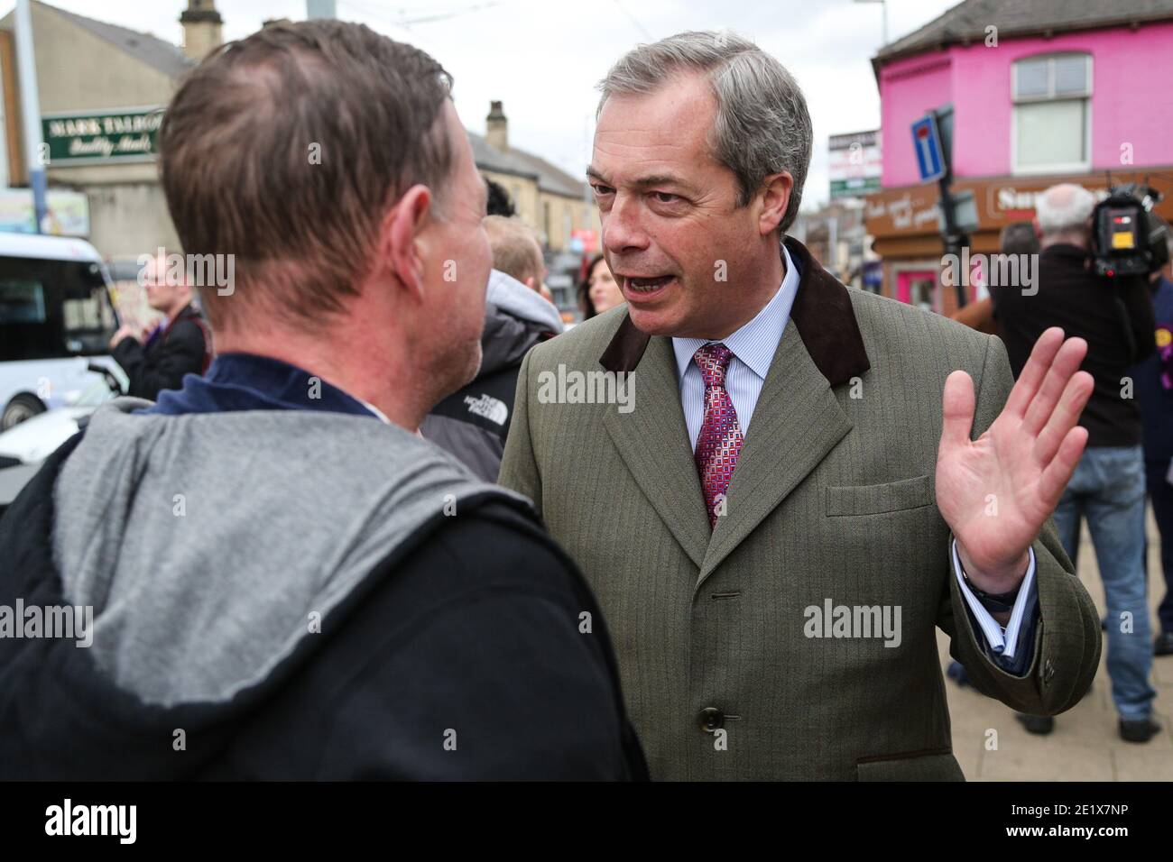 18/04/16. Sheffield, UK. UKIP leader Nigel Farage visits Sheffield to support Steve Winstone’s campaign in the Sheffield Brightside & Hillsborough by- Stock Photo