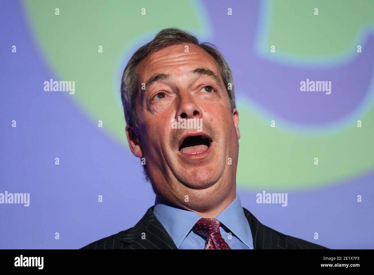 01/06/16. Leeds, UK. UKIP leader Nigel Farage speaks at a UKIP event at Leeds United's Elland Road ground in West Yorkshire in the run up to the EU re Stock Photo