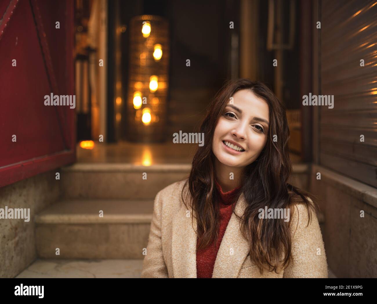 Portrait of Beautiful woman wearing fashionable clothes smiles at camera.New normal concept. Stock Photo