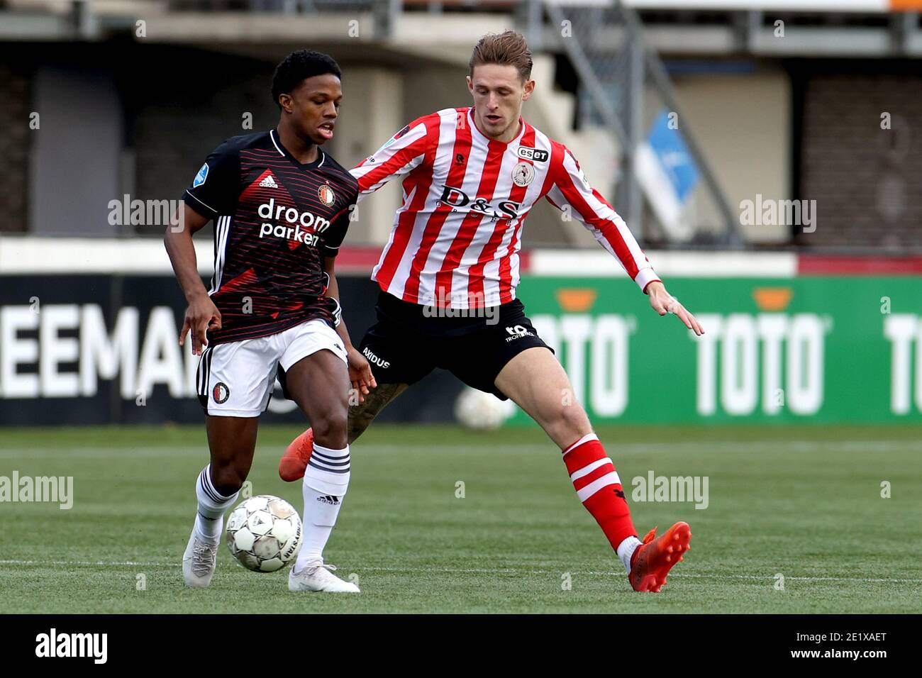 Rotterdam Netherlands January 10 L R Tyrell Malacia Of Feyenoord Wouter Burger Of Sparta Rotterdam During The Dutch Eredivisie Match Between Sparta Rotterdam And Feyenoord At Het Kasteel On January 10 2021