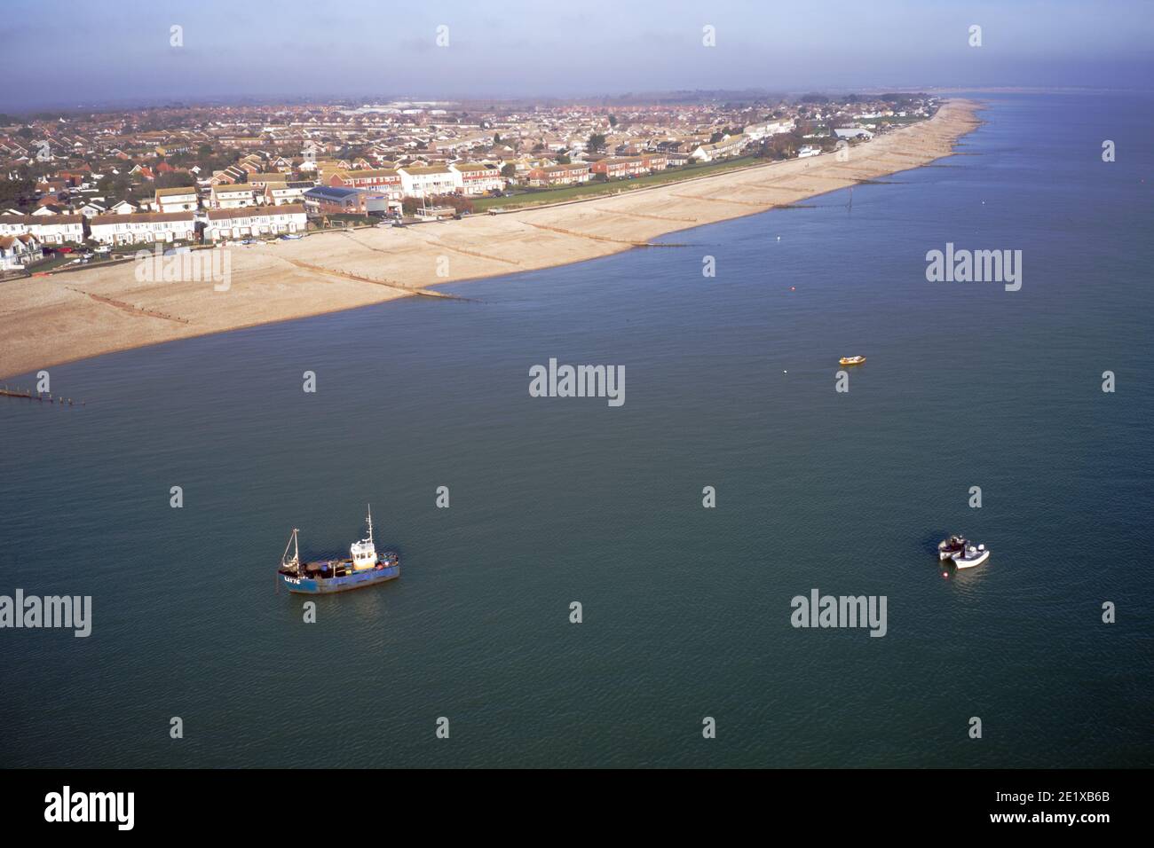 Aerial View of Selsey Beach with a fishing boat anchored out to sea