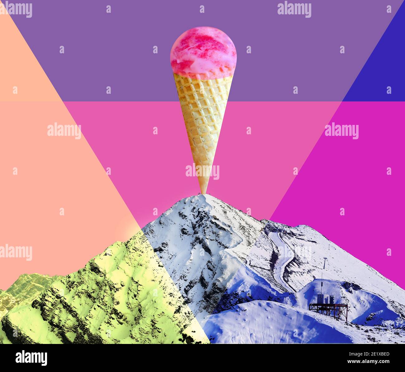 Photo of pink ice cream on a retro background with a snow mountain. Ice