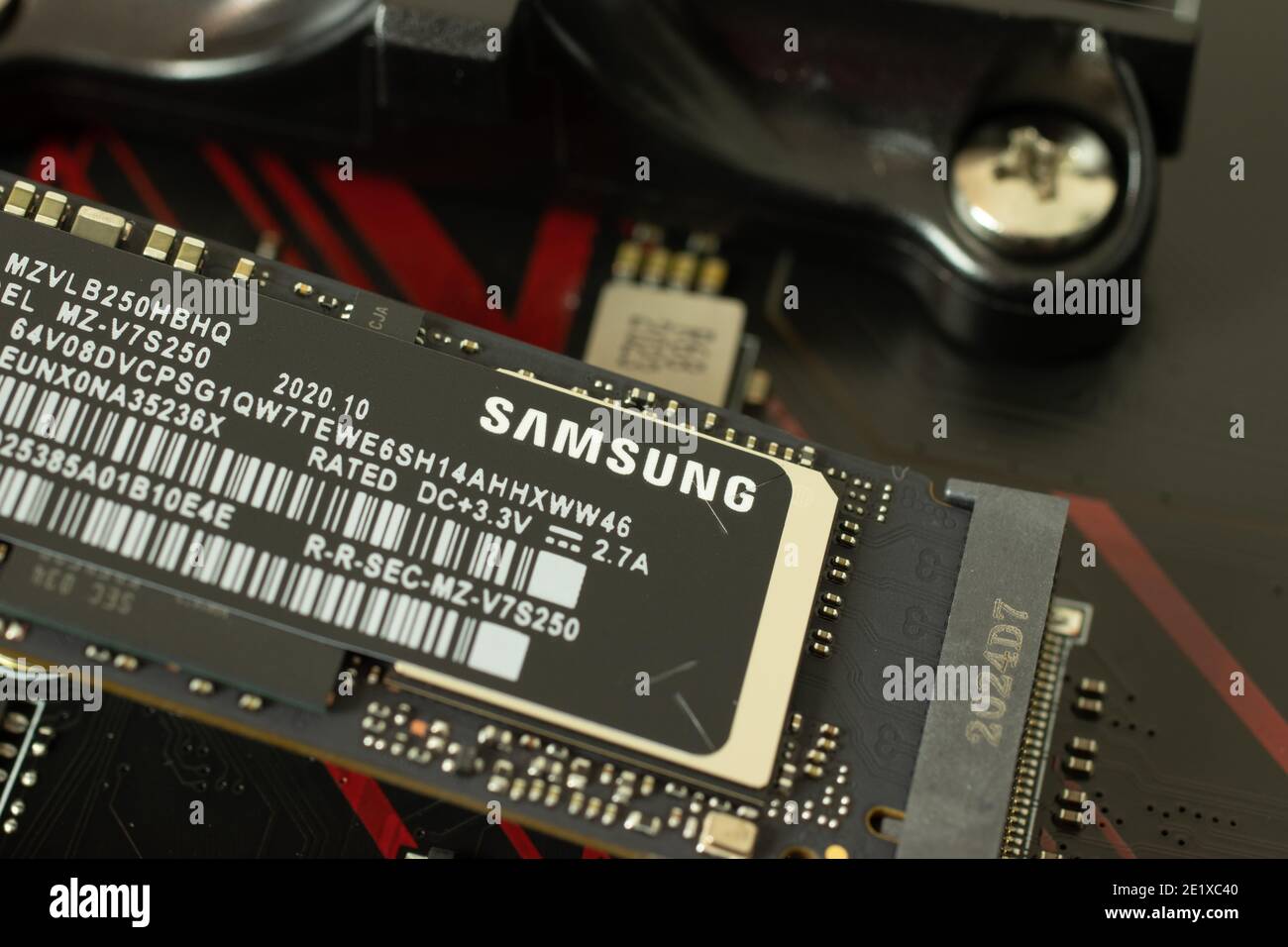 Moscow, Russia - 5 December 2020: Samsung M.2 slot SSD memory macro photo in motherboard, Illustrative Editorial. Stock Photo