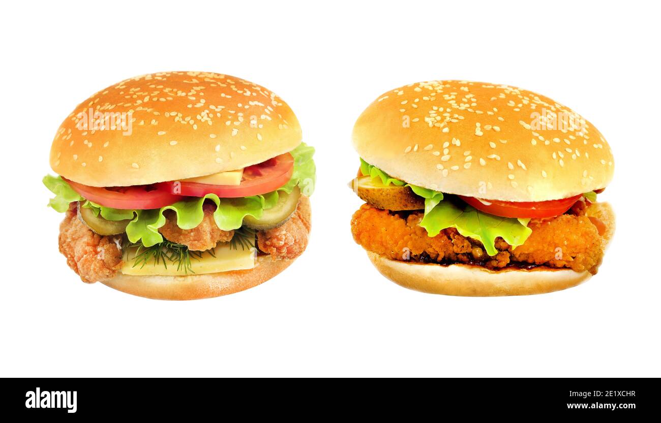 Photo of delicious burgers isolated on a white background. Example of a burger for packaging or advertising Stock Photo