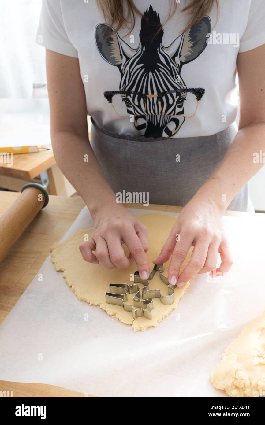 Woman hands cutting dough with metallic animal molds on a wooden table. A roller pin is next to it. Stock Photo
