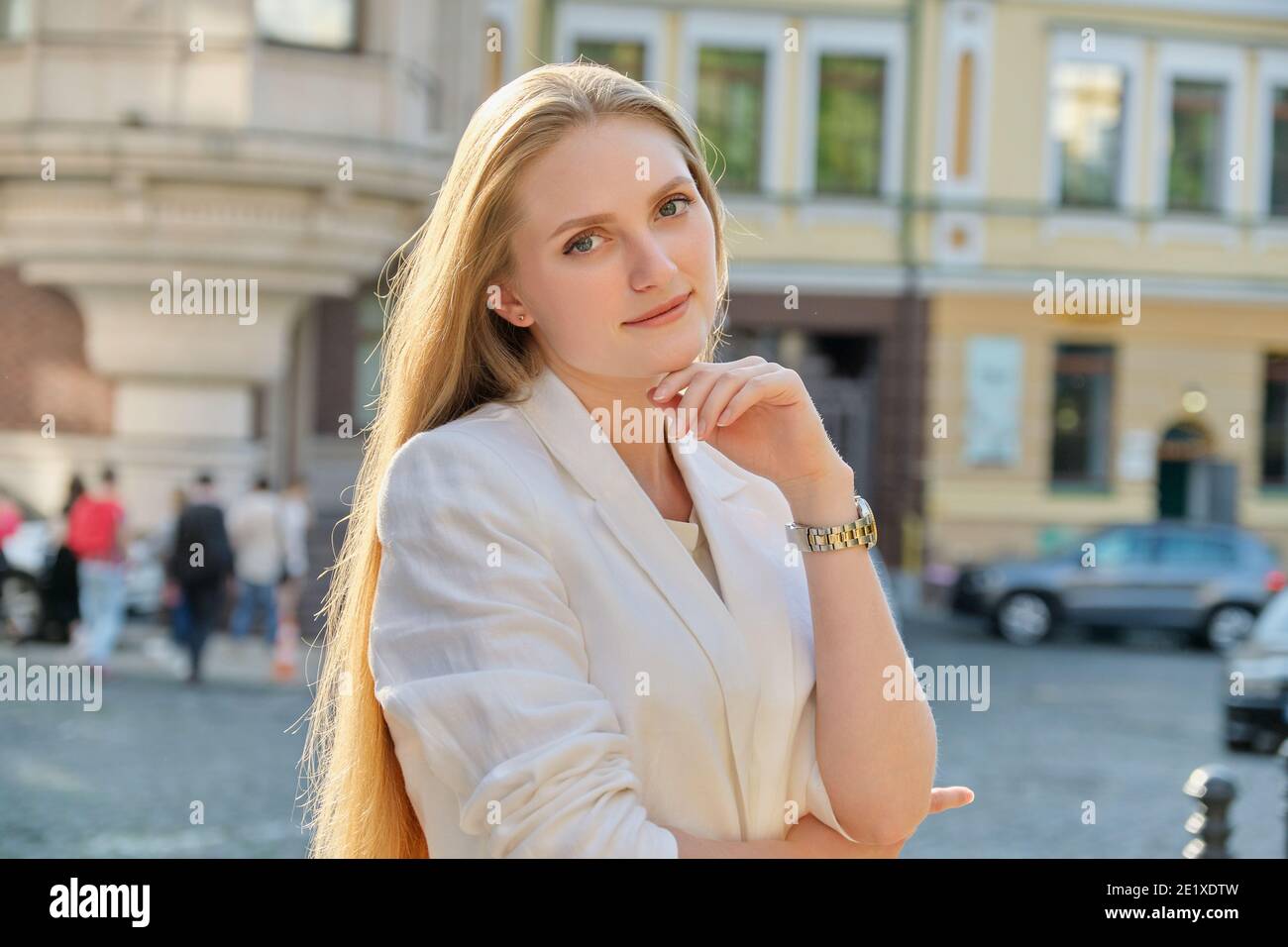 Outdoor portrait of young successful smiling business woman Stock Photo ...