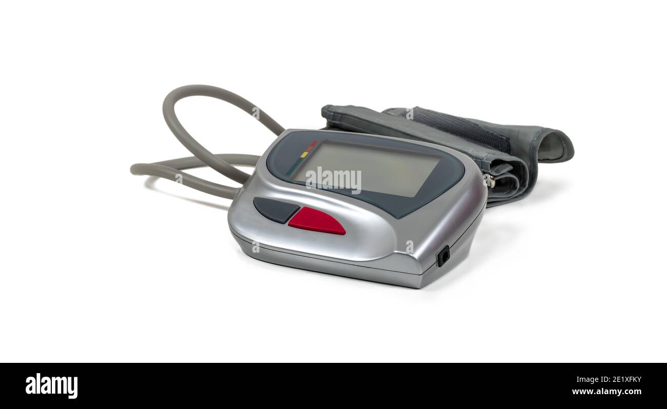 Medical electronic device with cuff for measuring blood pressure at home. Isolated on white background. Stock Photo