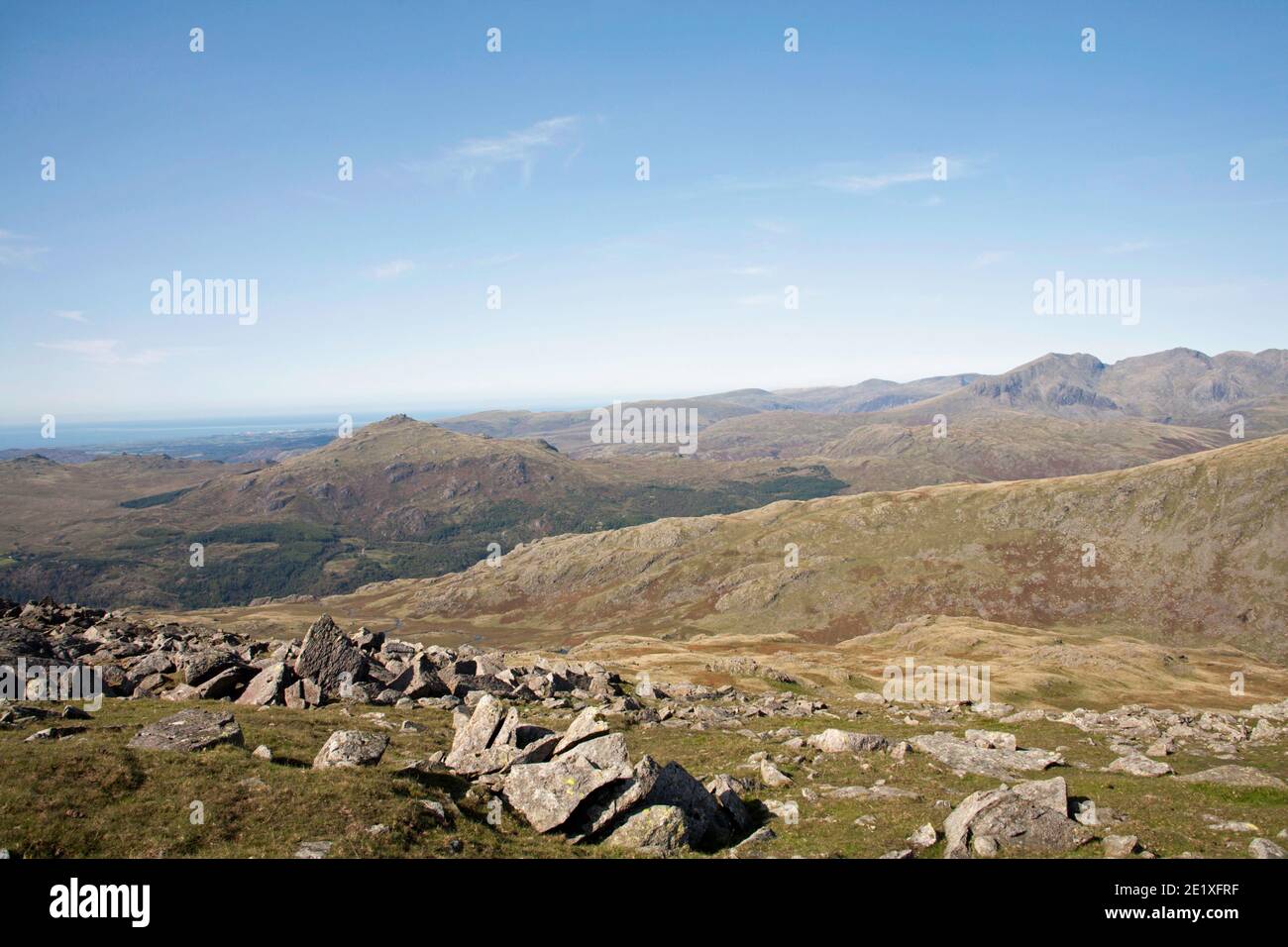 Scafell Pike and Scafell viewed from Dow Crag near The Old Man of Coniston Lake District Cumbria England Stock Photo