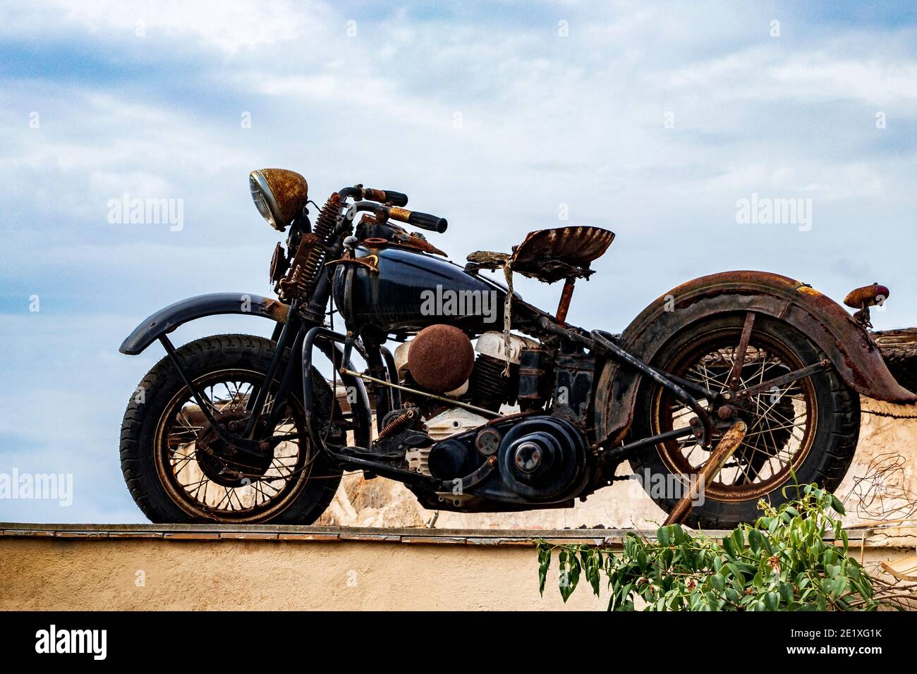 Old rusty motorcycle as a decoration Mallorca Spain Stock Photo - Alamy