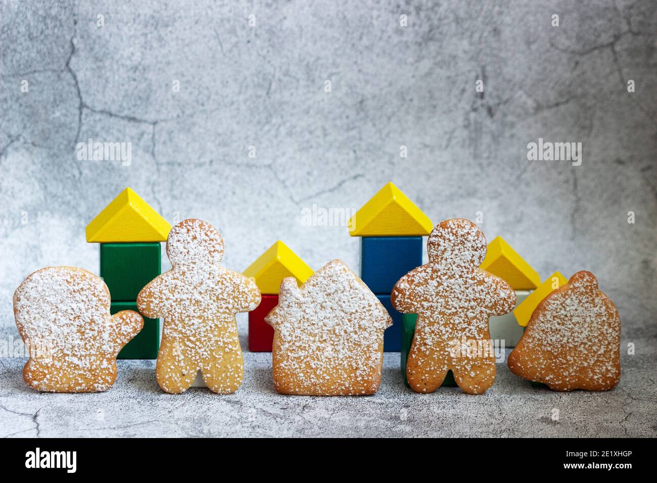 Concept of gingerbread and cubes in support of the stay at home promotion. Stock Photo