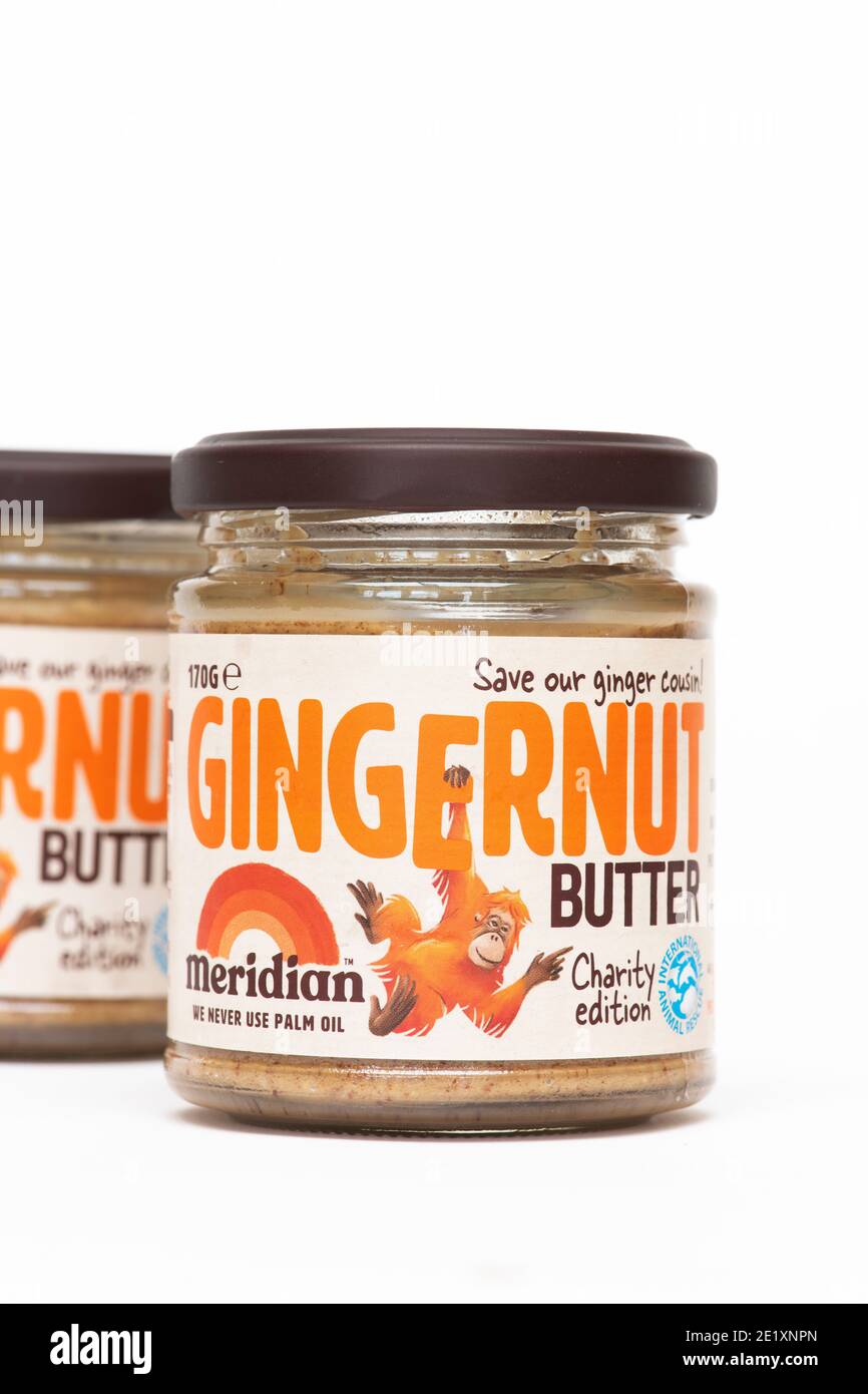 Meridian Gingernut Butter jars with No palm oil label Stock Photo